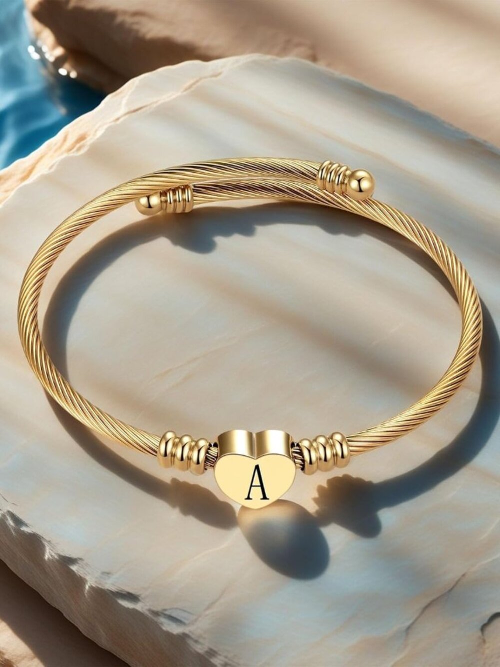 Women Gold Plated Heart Initial A-Z Letter Cuff Bracelets Expandable Stainless S - Picture 3 of 7
